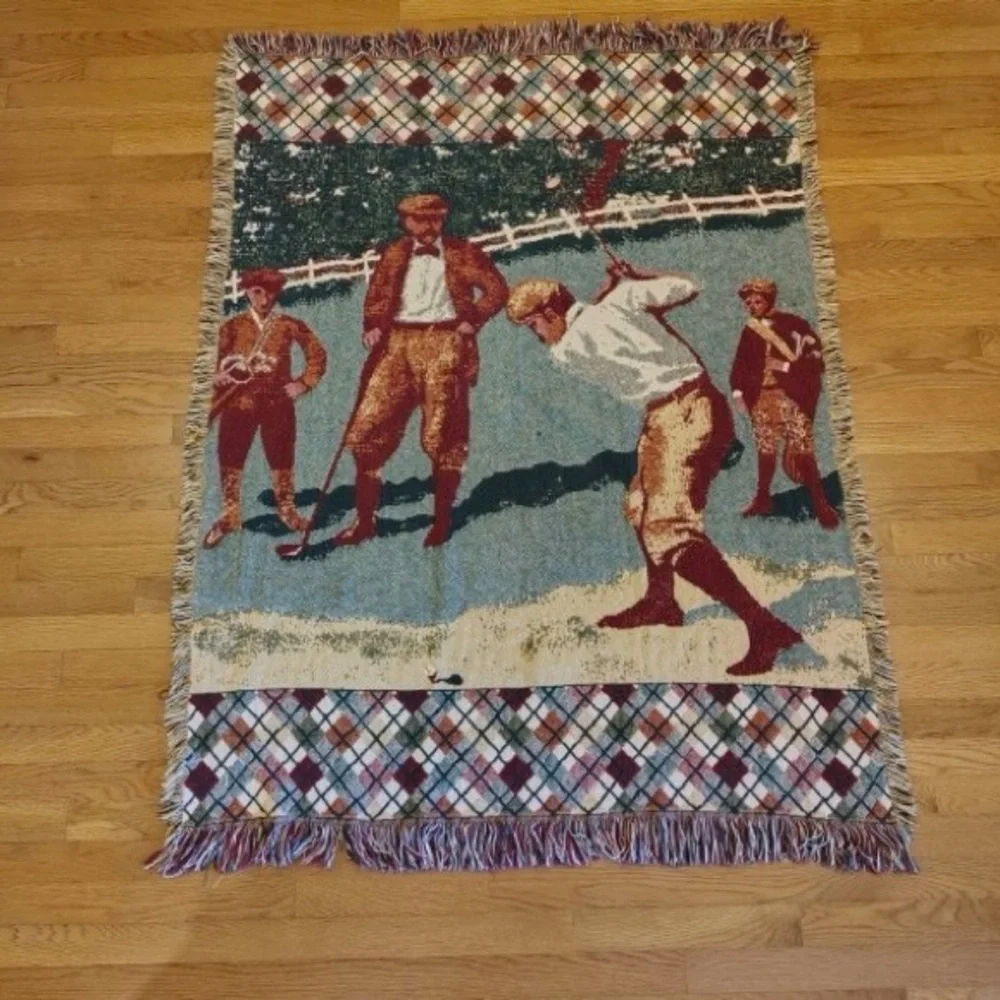 Vtg Golf Scene Woven Knit Throw Blanket Fringe Argyle Pattern 45x60” Warm Cozy